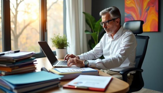 Contador em escritório moderno digitando no teclado, representando mensagens de cobrança de honorários contábeis