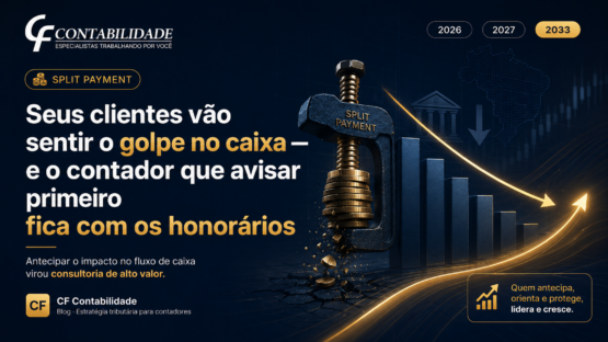 Capa de blog da CF Contabilidade sobre Split Payment, mostrando o impacto no fluxo de caixa dos clientes e a oportunidade para contadores anteciparem orientações e aumentarem honorários.